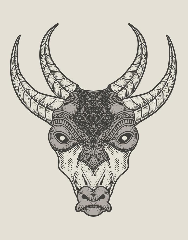 illustration cow head engraving style with mask vector