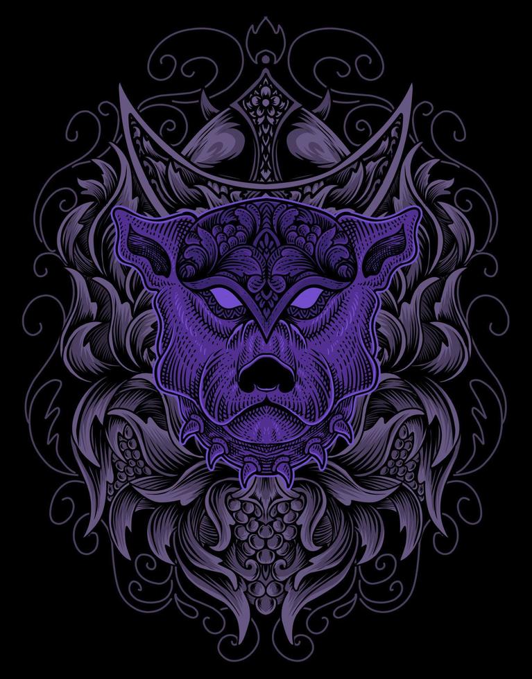 ilustración cabeza de perro grabado ornamento estilo vector