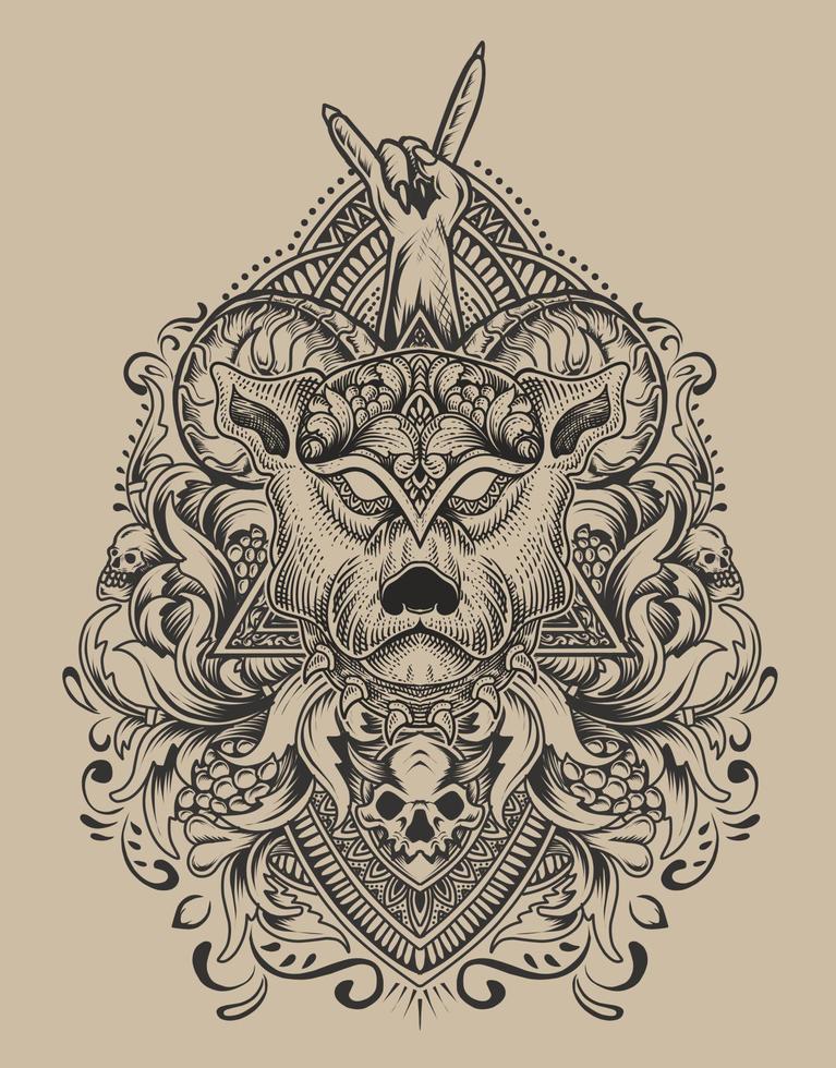 ilustración cabeza de perro grabado ornamento estilo vector