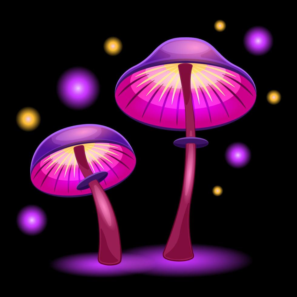 couple fantasy mushrooms cartoon isolated black background vector