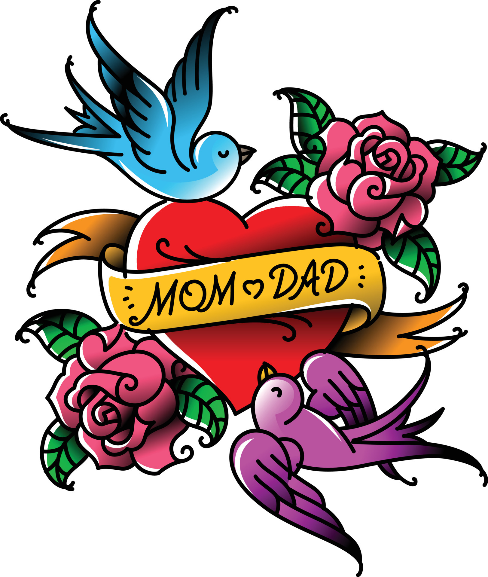 Tattoos with the inscription of Mom and Dad. Two hearts with a flower and a  bird. Vector flat tattoo. Congratulation for parents with an anniversary. A  tattoo for loving parents. 6078695 Vector