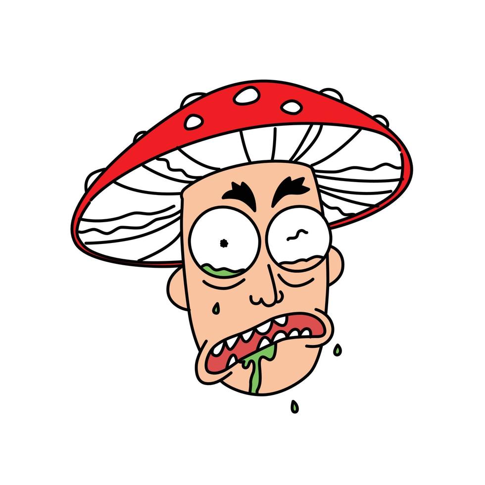 Illustration of a madman in a mushroom hat. Vector. Flat outline style. Cartoon, funny patient. Avatar of a man who admired mushrooms. vector