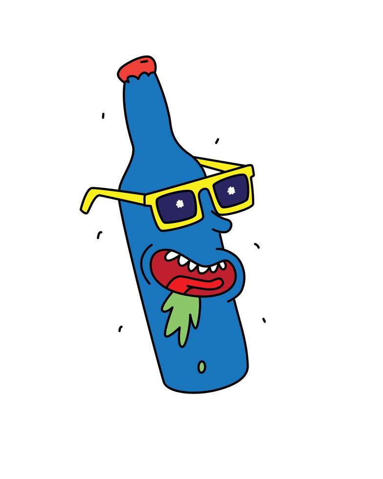 A bottle of beer in yellow glasses. Vector. Flat style. Cheerful character for a party. Logo, mascot alcohol shop. Illustration of a bottle of wine, friendly image. vector