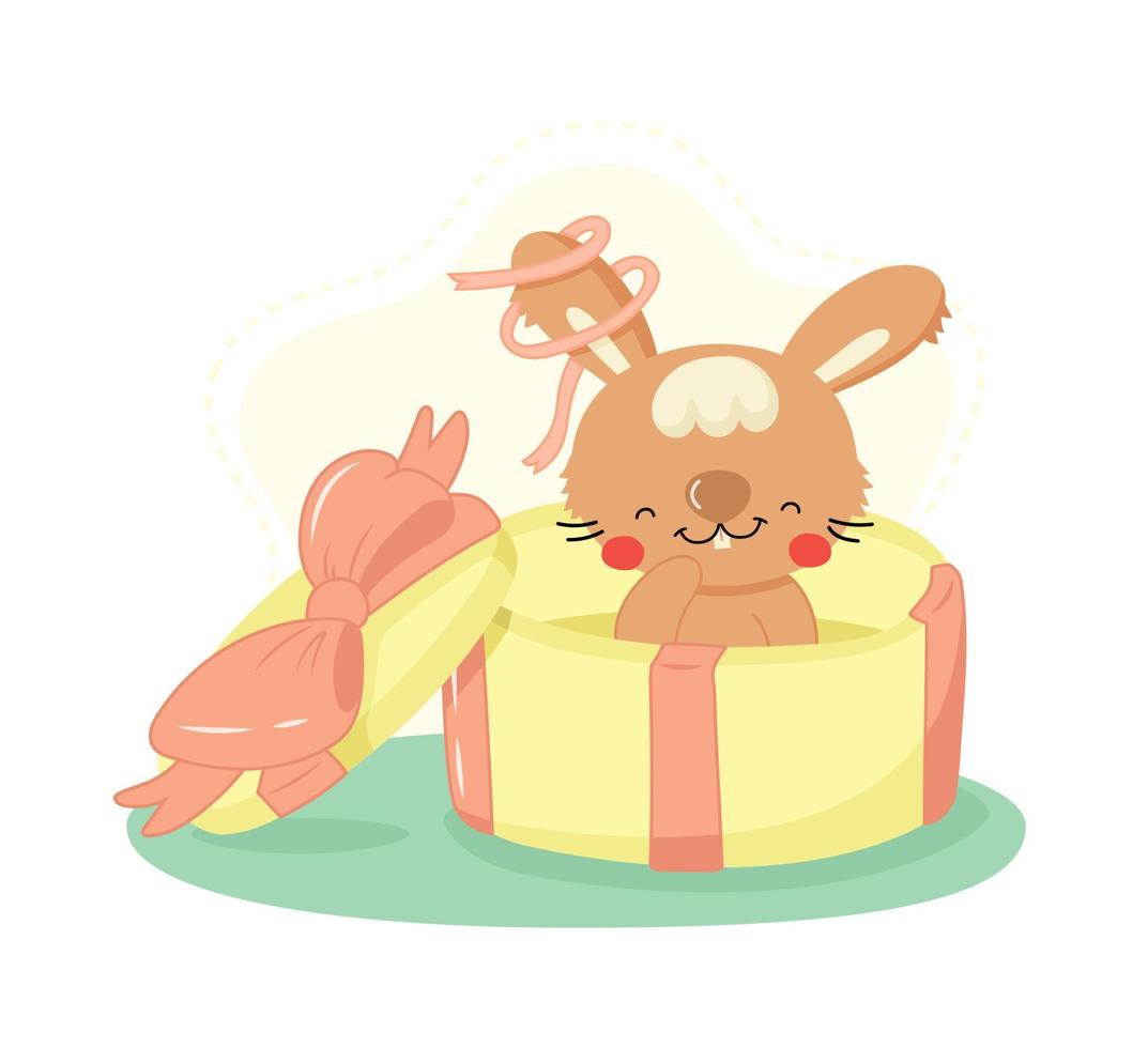 Cute cartoon rabbit sitting in a gift box. Funny animal character for kids design.  Birthday greeting card. Flat vector illustration.