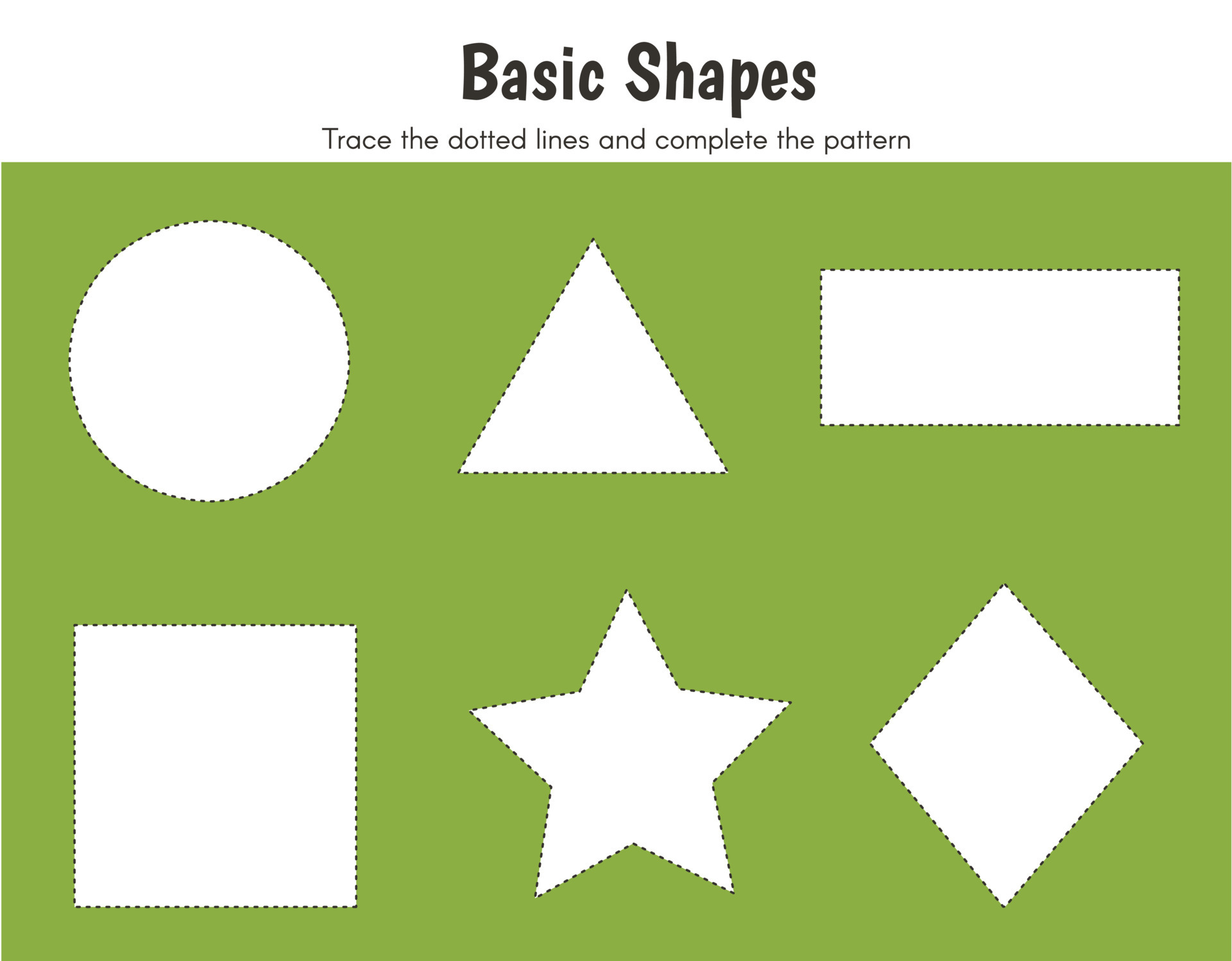 Draw basic shapes, trace the dotted lines and color the shape. Practice