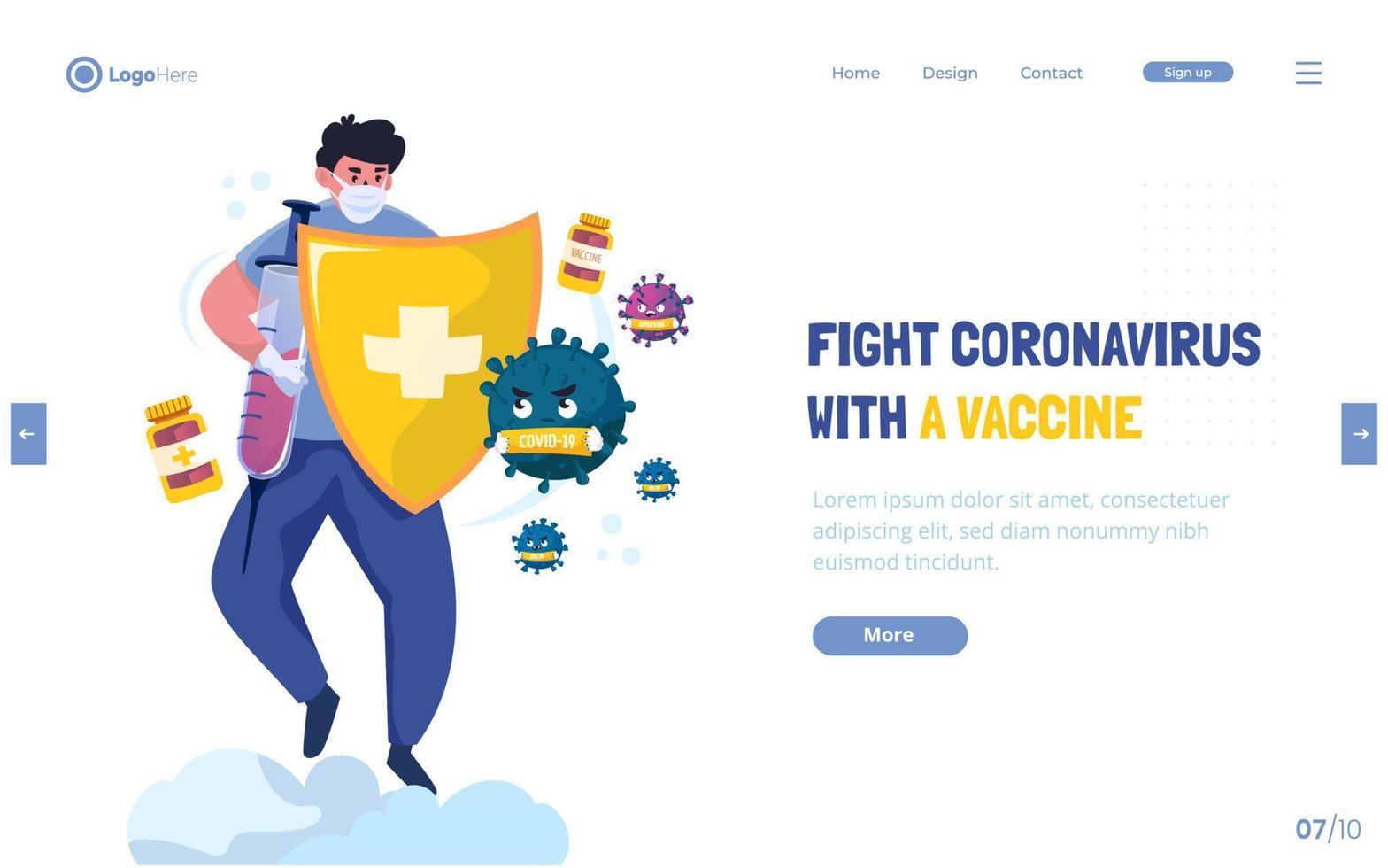 diseño plano de un hombre con vacuna contra el concepto de coronavirus vector