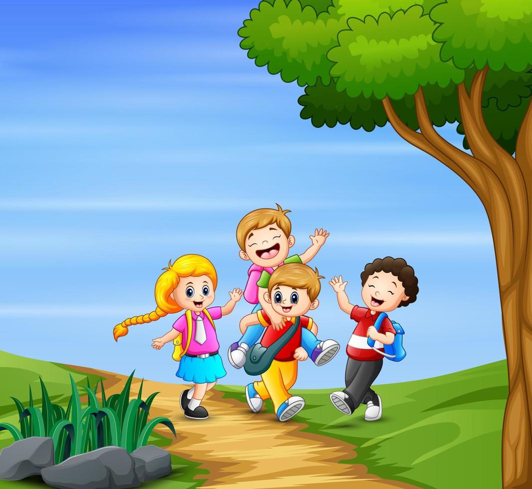 Happy children going to school together vector