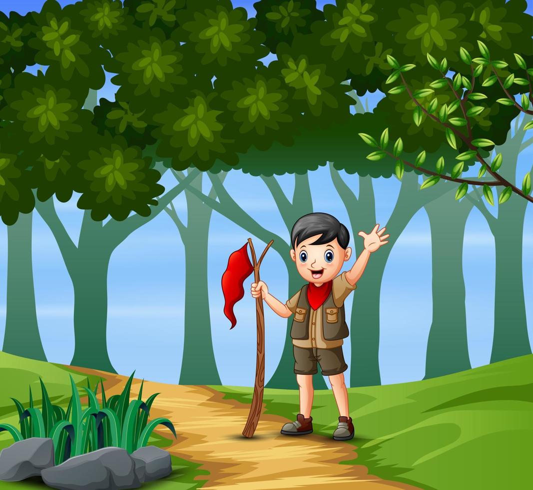 Boy scout hiking in the forest background vector