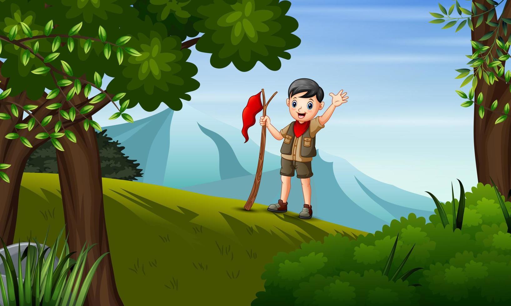 un niño explorador caminando por la colina vector