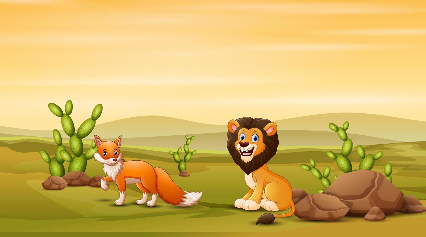 Lion and fox at the savanna illustration vector
