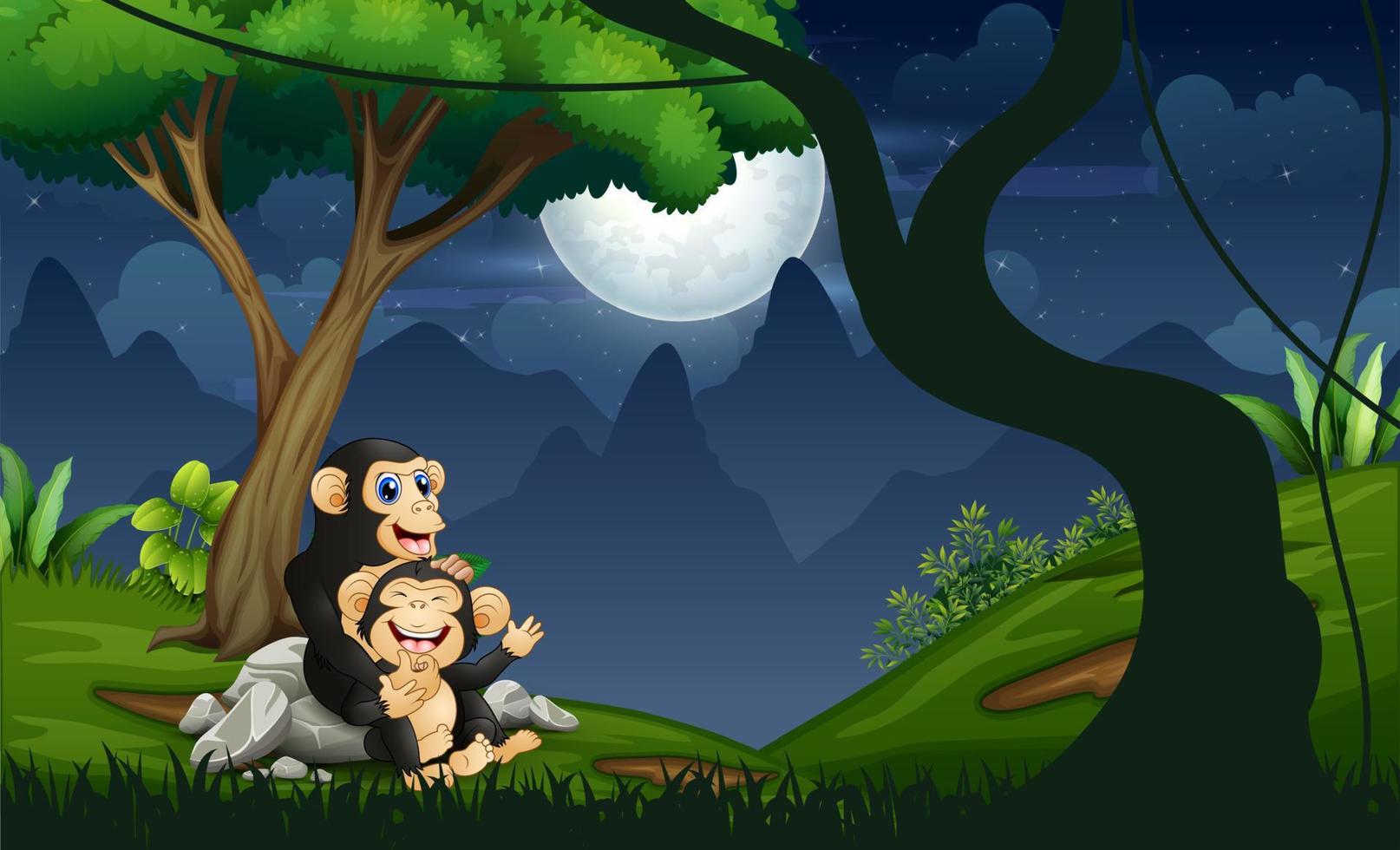 Chimpanzee mother with her baby in the night forest vector