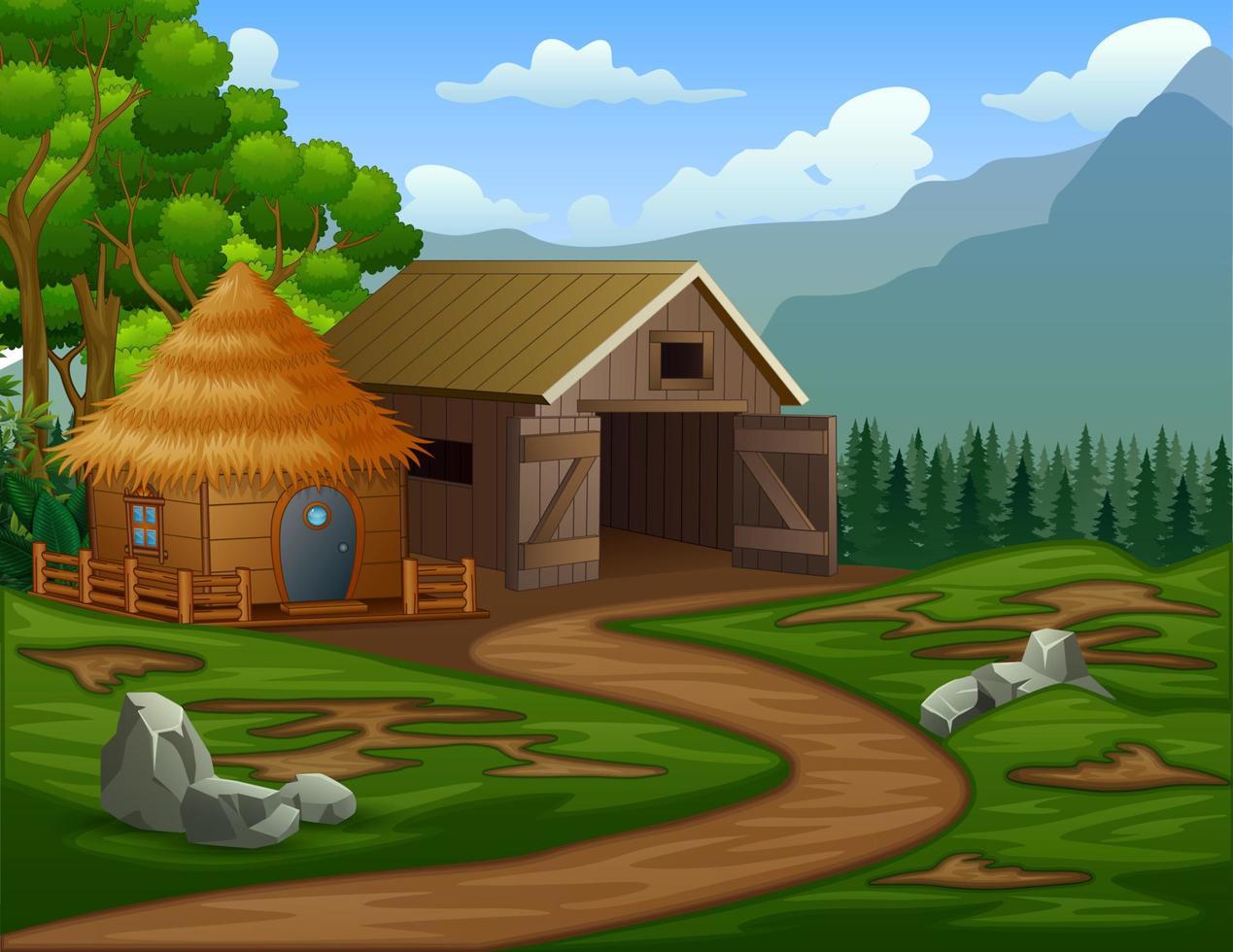 casa de granero de dibujos animados con una cabaña en las tierras de cultivo vector