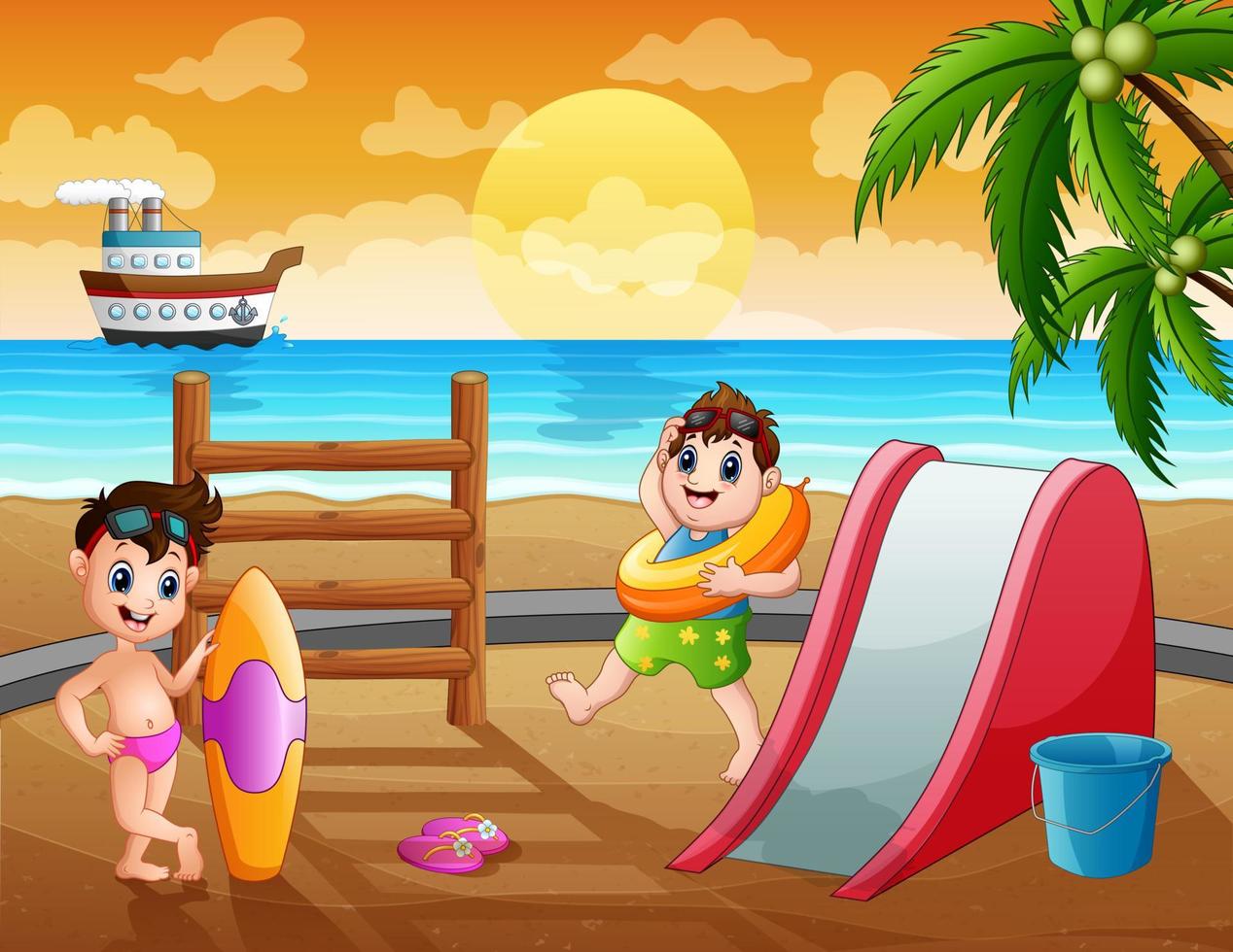 fondo de vacaciones de verano con niños en la playa vector