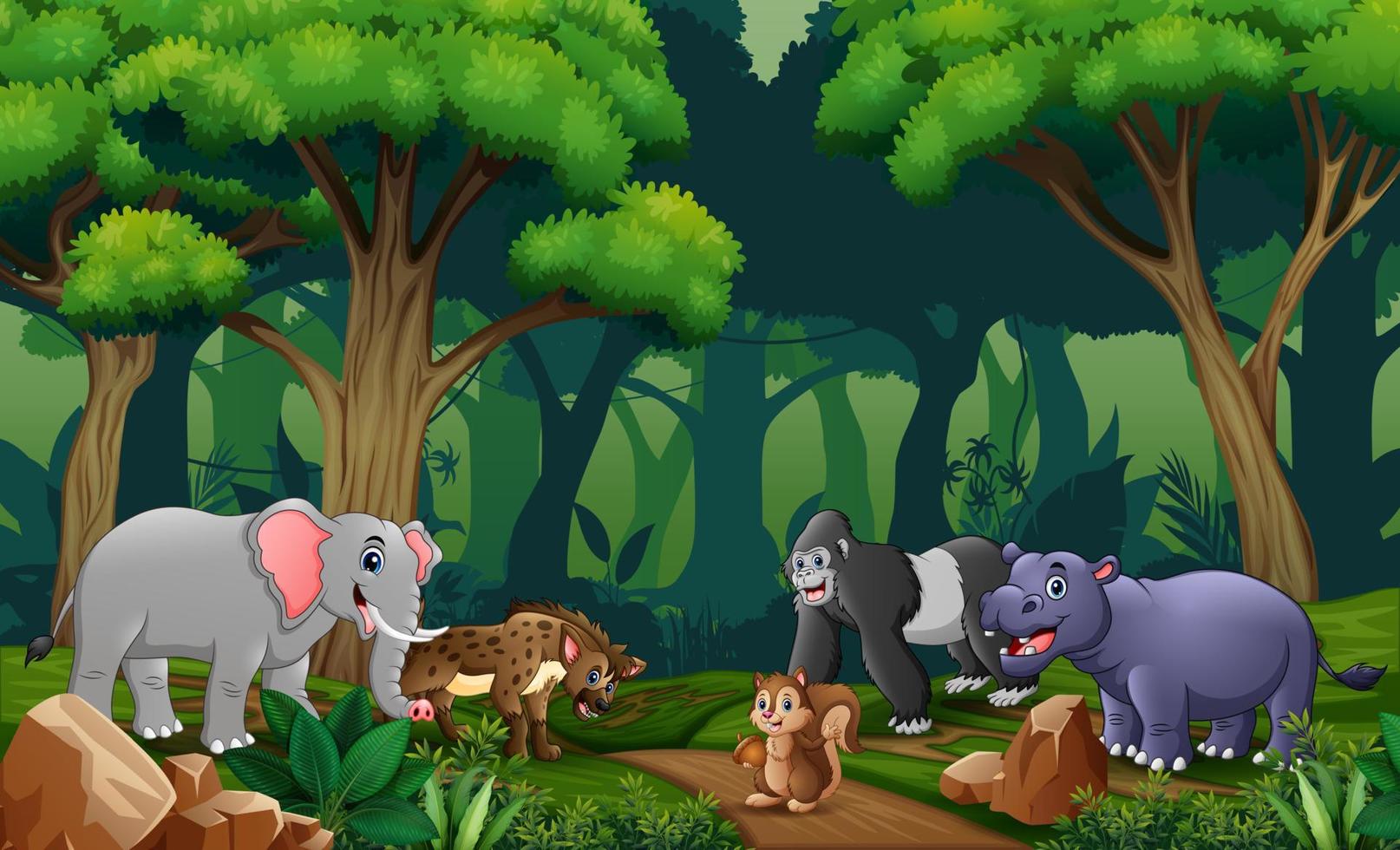 escena con muchos animales en el bosque vector