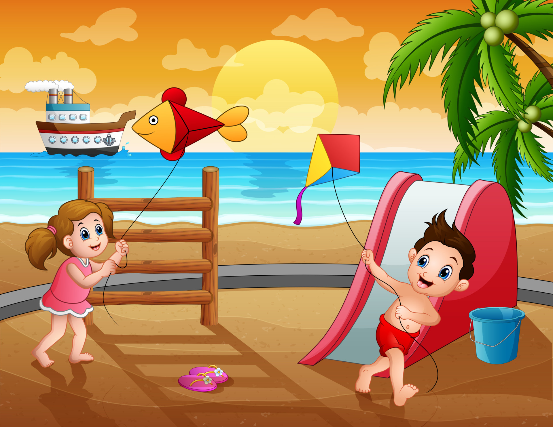 Funny children playing kite on summer holiday 6079400 Vector Art at Vecteezy