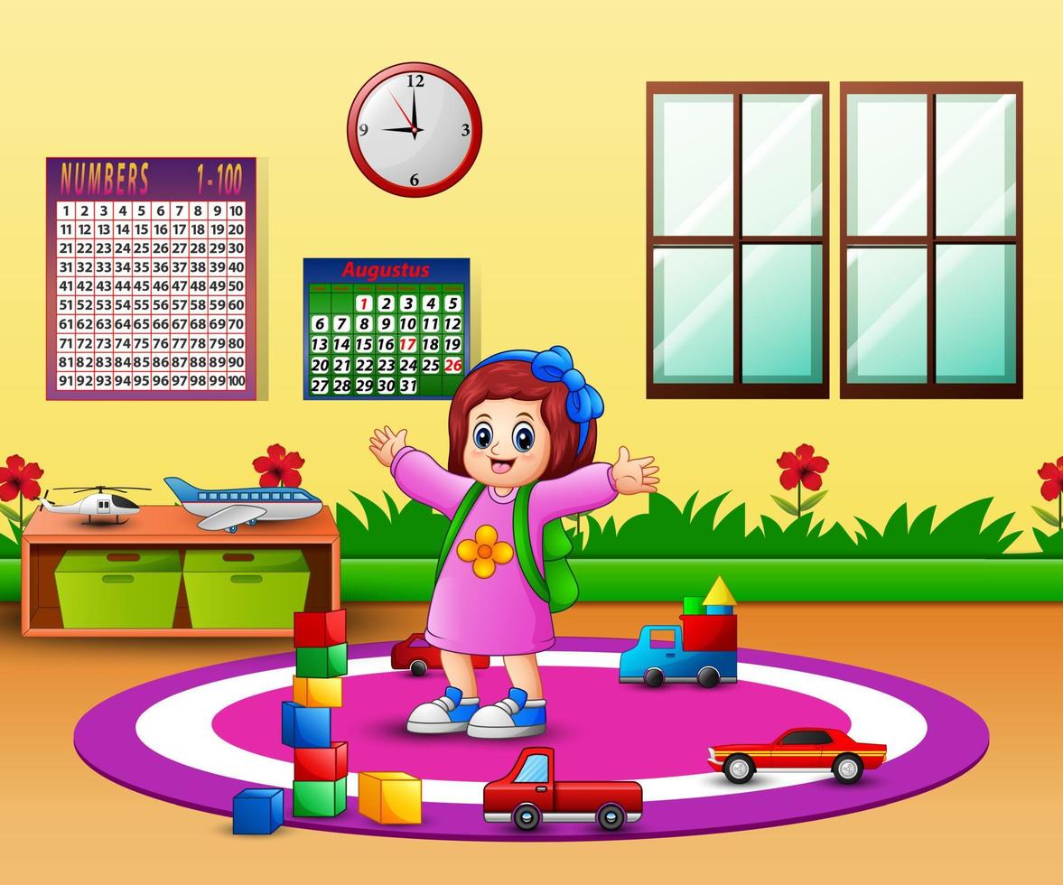 Happy girl in the kindergarten classroom vector