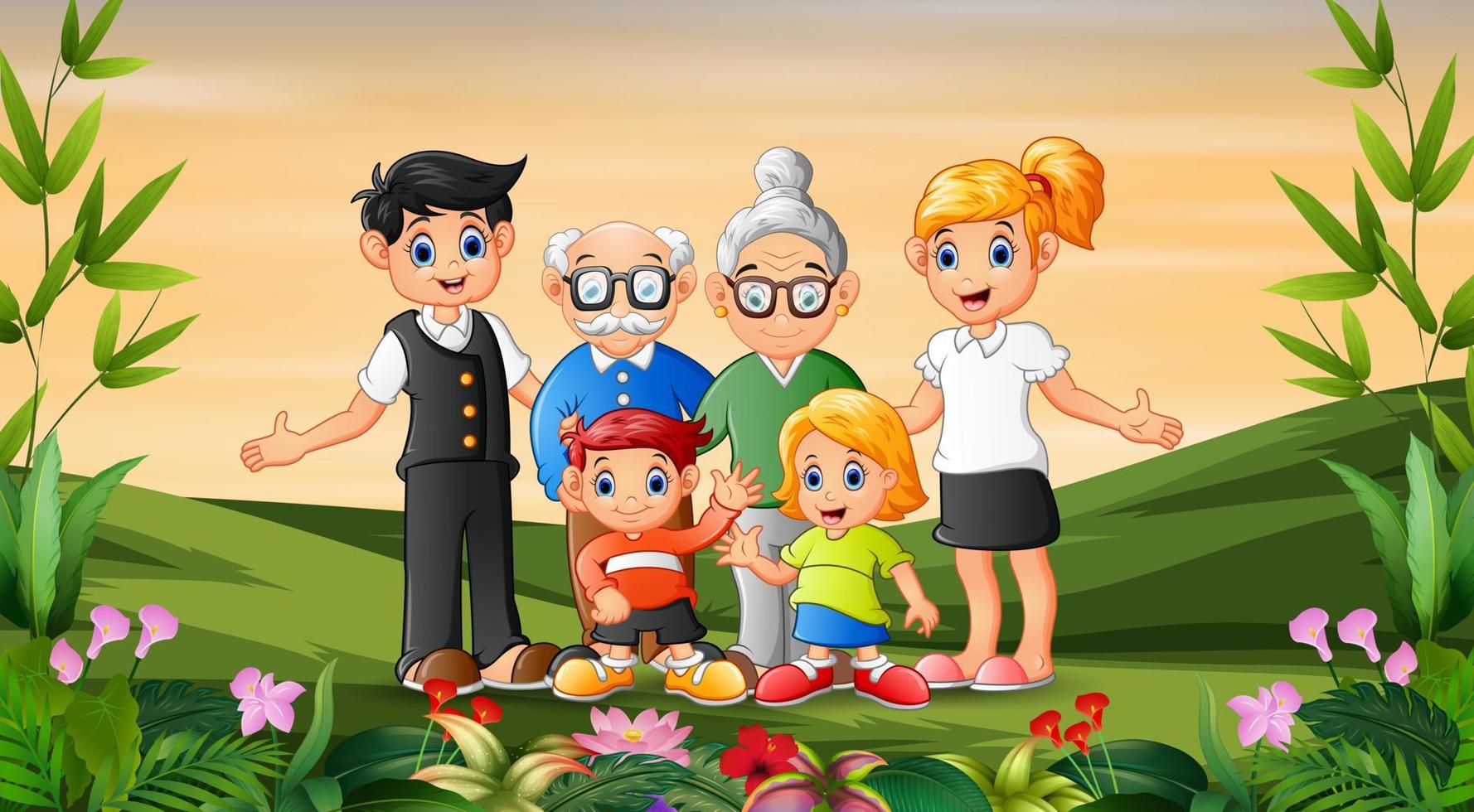 Family portrait in a flowering garden vector