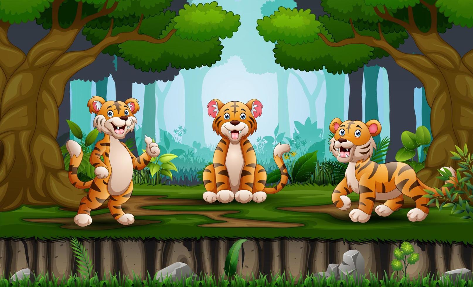 tigres de árboles de dibujos animados disfrutando en la jungla vector