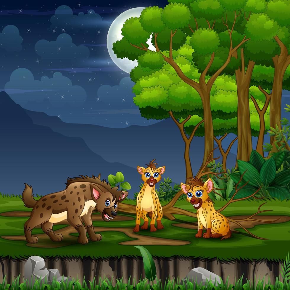 Three hyena cartoon at the forest landscape vector