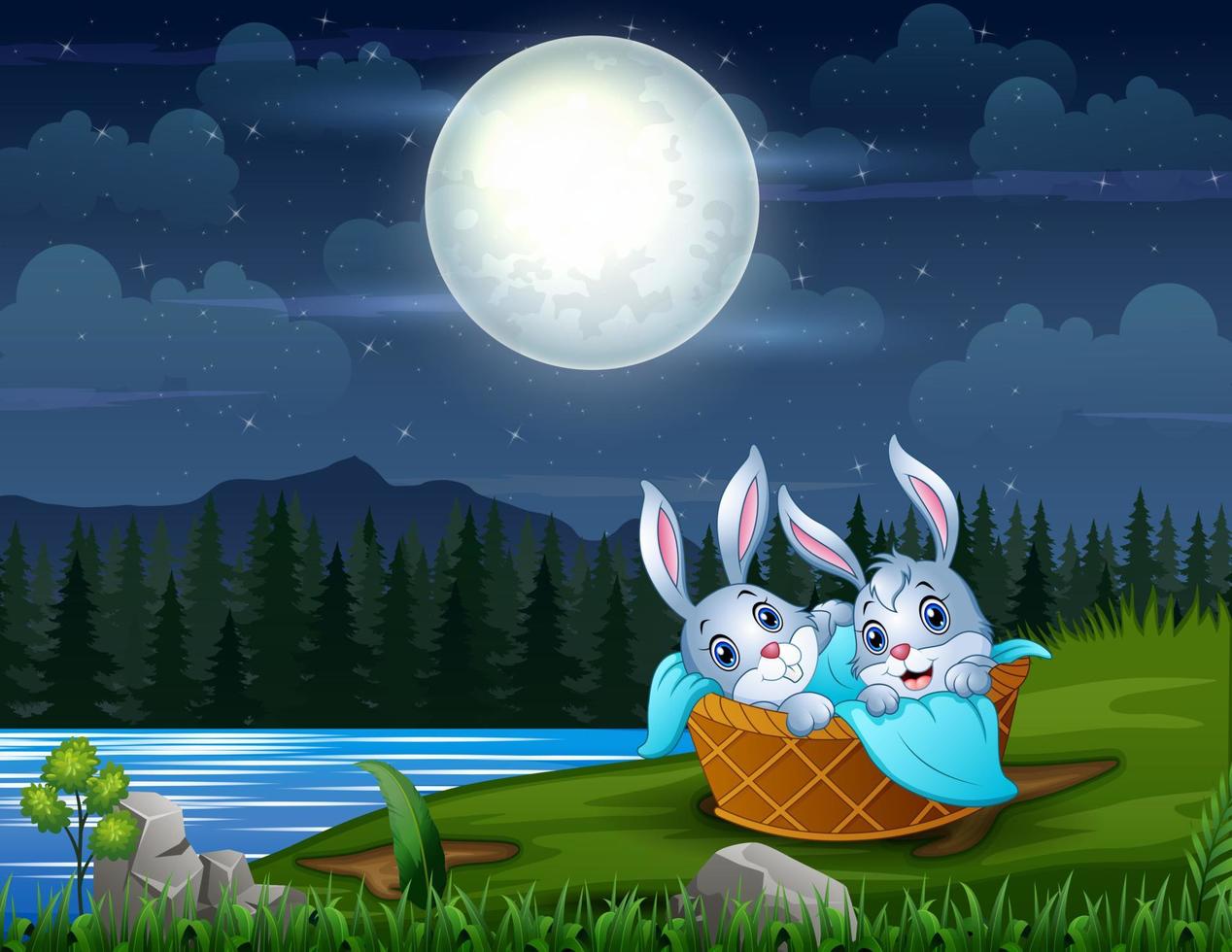 Baby bunny in a basket by the river at night vector