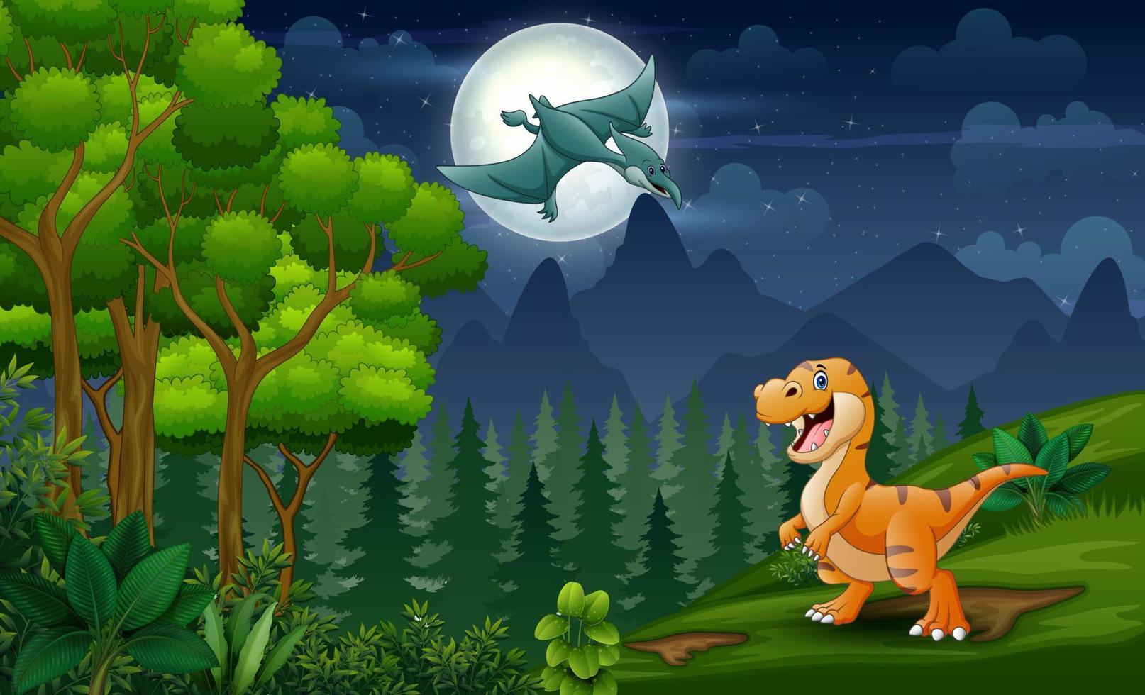 dinosaurios de dibujos animados jugando en el paisaje nocturno vector