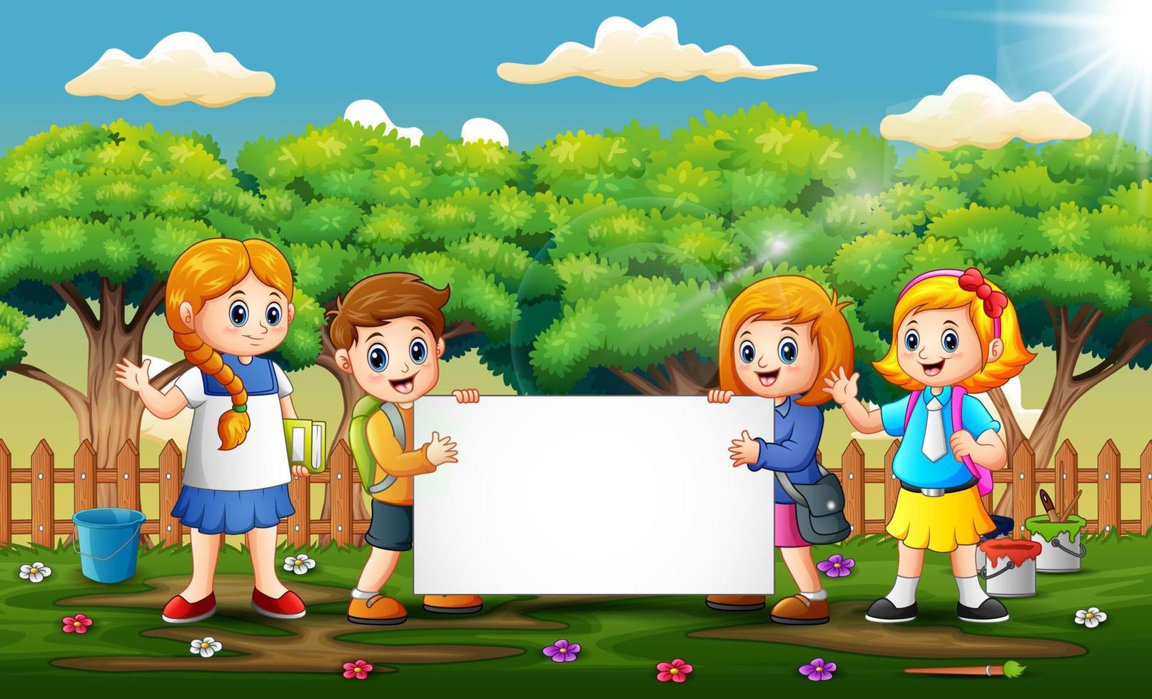 School children holding blank sign in the park vector