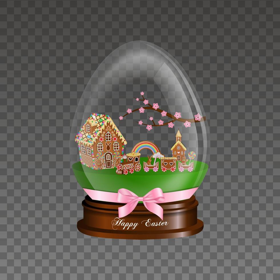 easter glass globe with gingerbread house and train. egg shaped water globe with gingerbread landscape vector