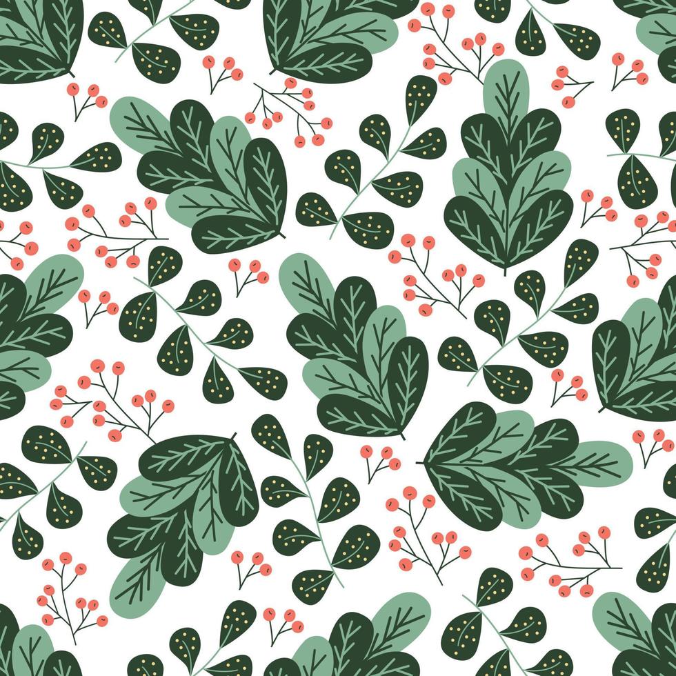 Abstract pattern with stylized green leaves, branches and berries. Vector seamless print on a white background.