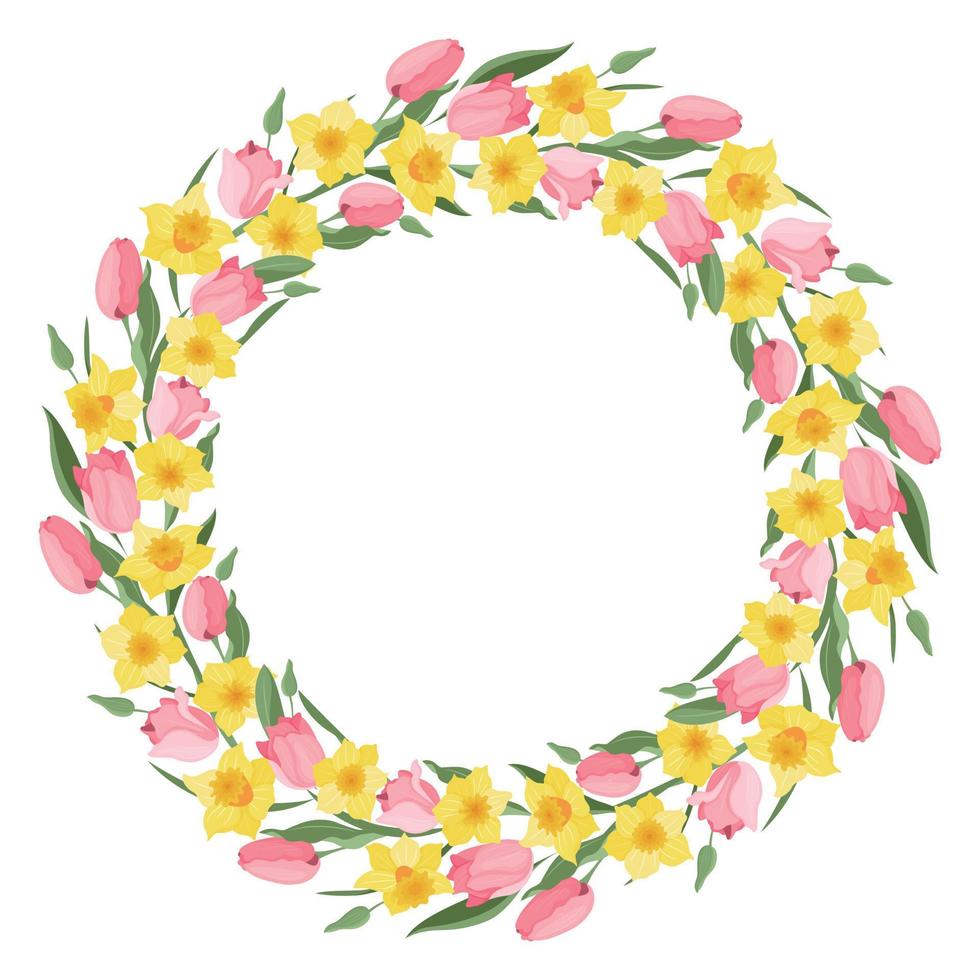 A wreath of tulips and daffodils. Spring. Easter. Suitable for postcards and invitations. Vector
