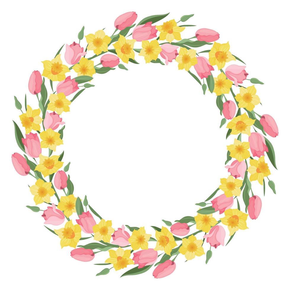 una corona de tulipanes y narcisos. primavera. Pascua de Resurrección. adecuado para postales e invitaciones. vector