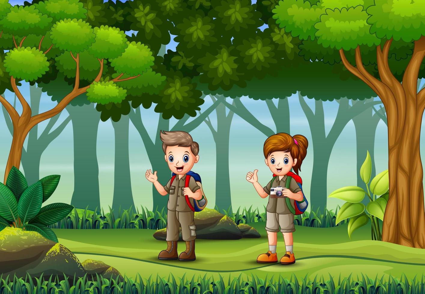 Scene with two scout hiking in the forest vector