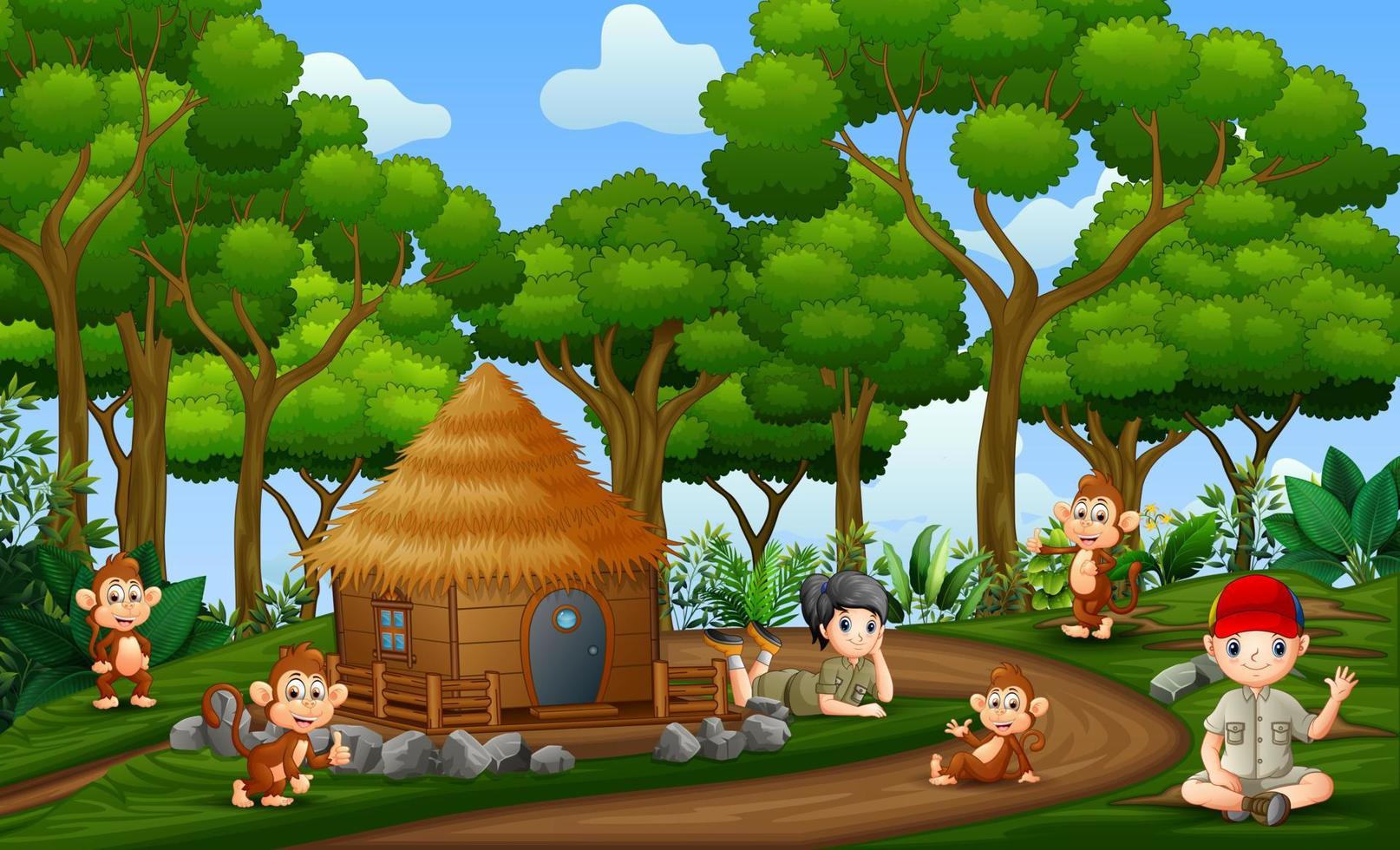 los niños del safari con monos en la rural vector