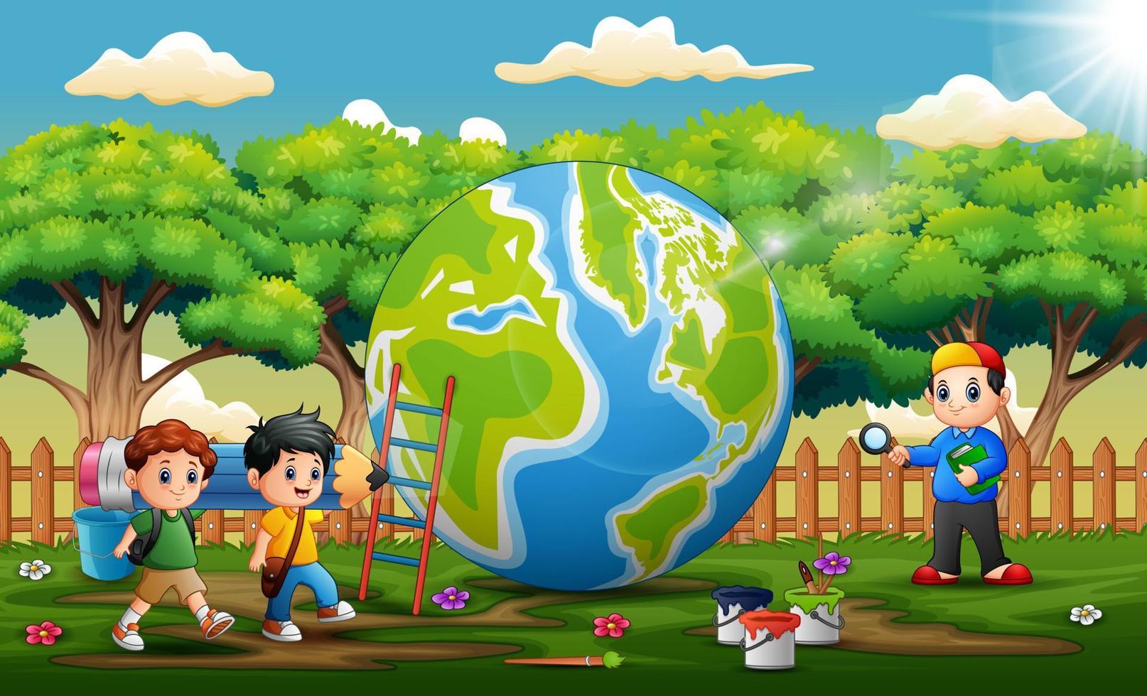 The earth with three school boys in the park vector