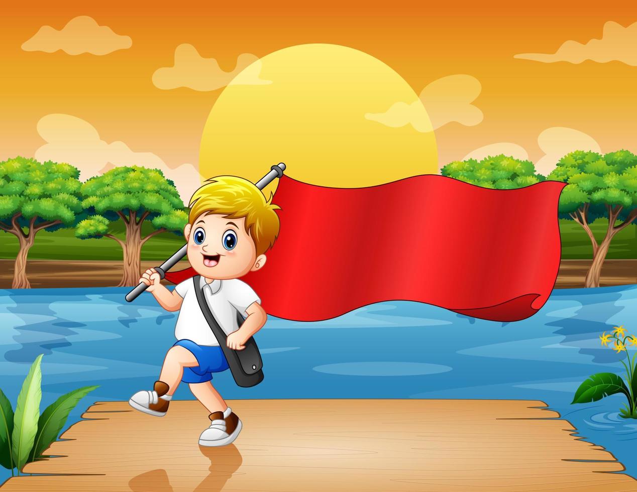 A school boy holding red flag on the pier vector