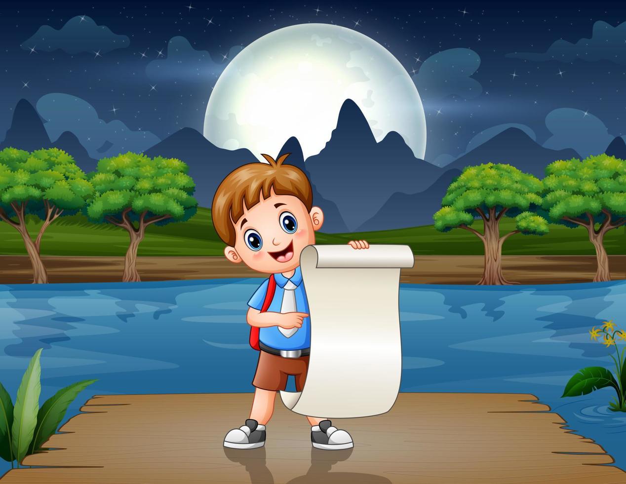 Schoolboy holding a paper on the pier vector