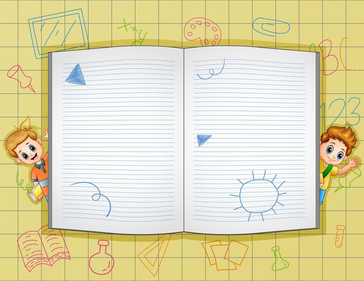 Border template with open book and school boys illustration vector