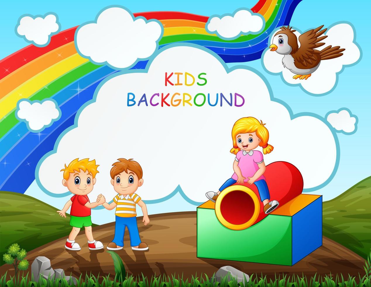 Happy kids playing in the playground with rainbow background vector