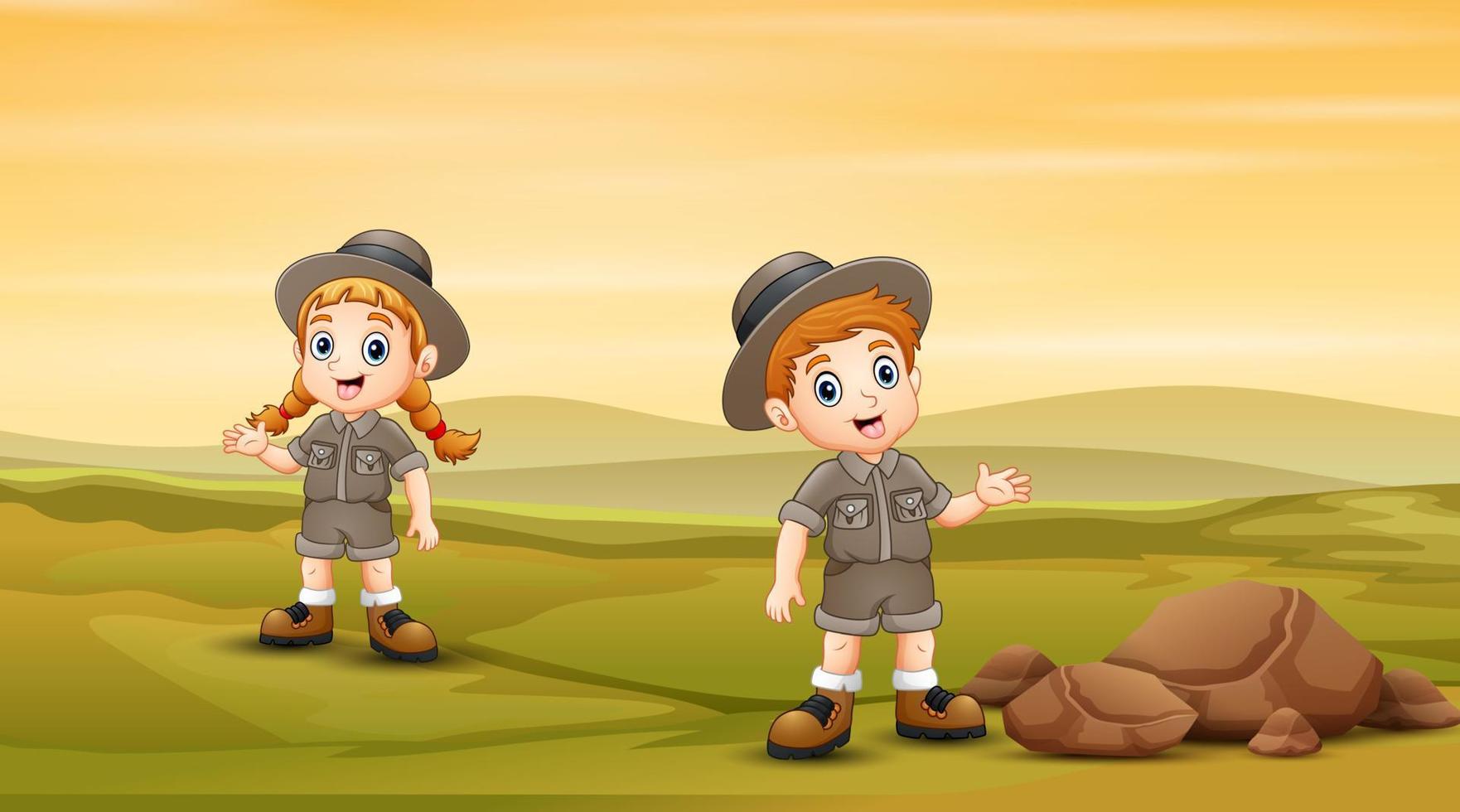 Safari kids in the green field vector