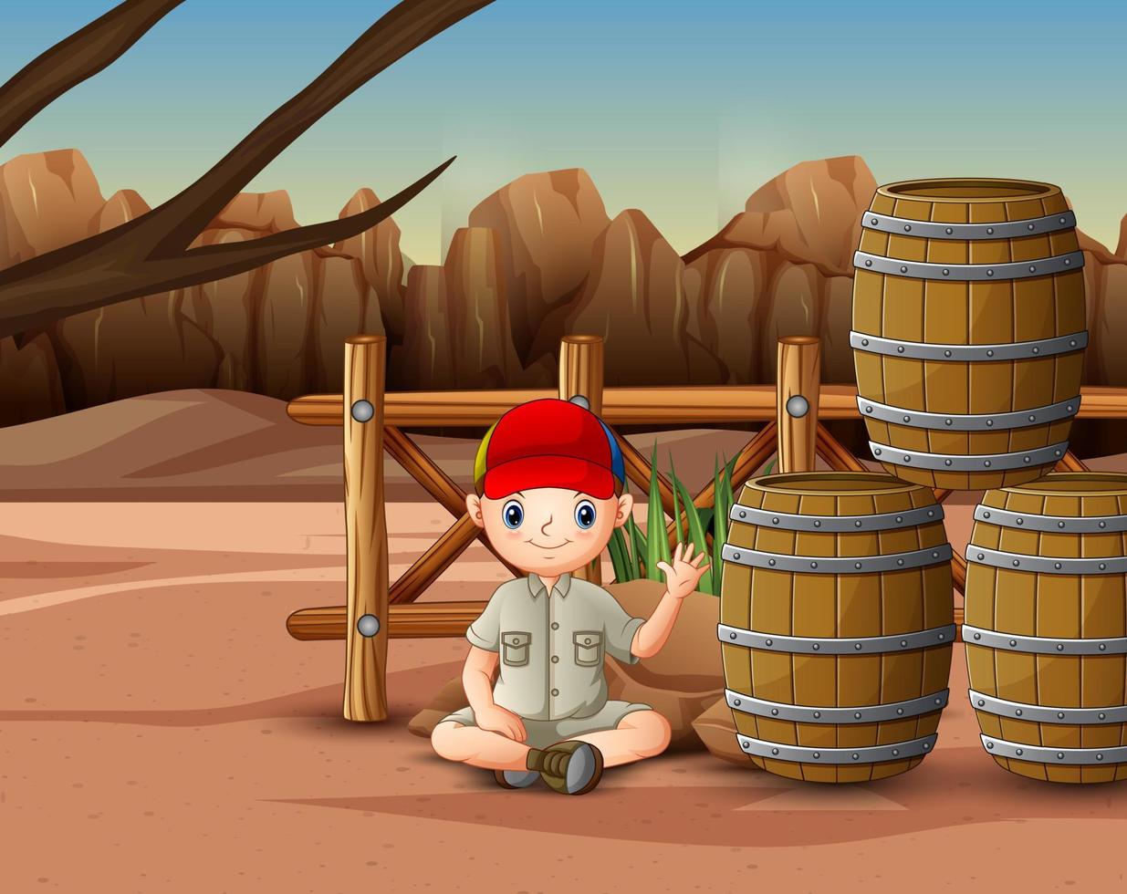 Safari boy sitting near the barrels vector