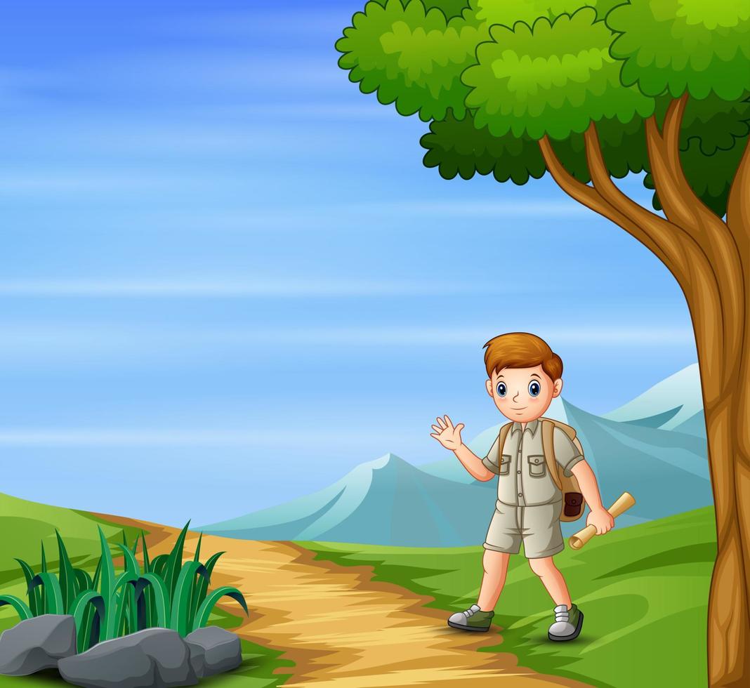 Scout boy walk down the hill vector