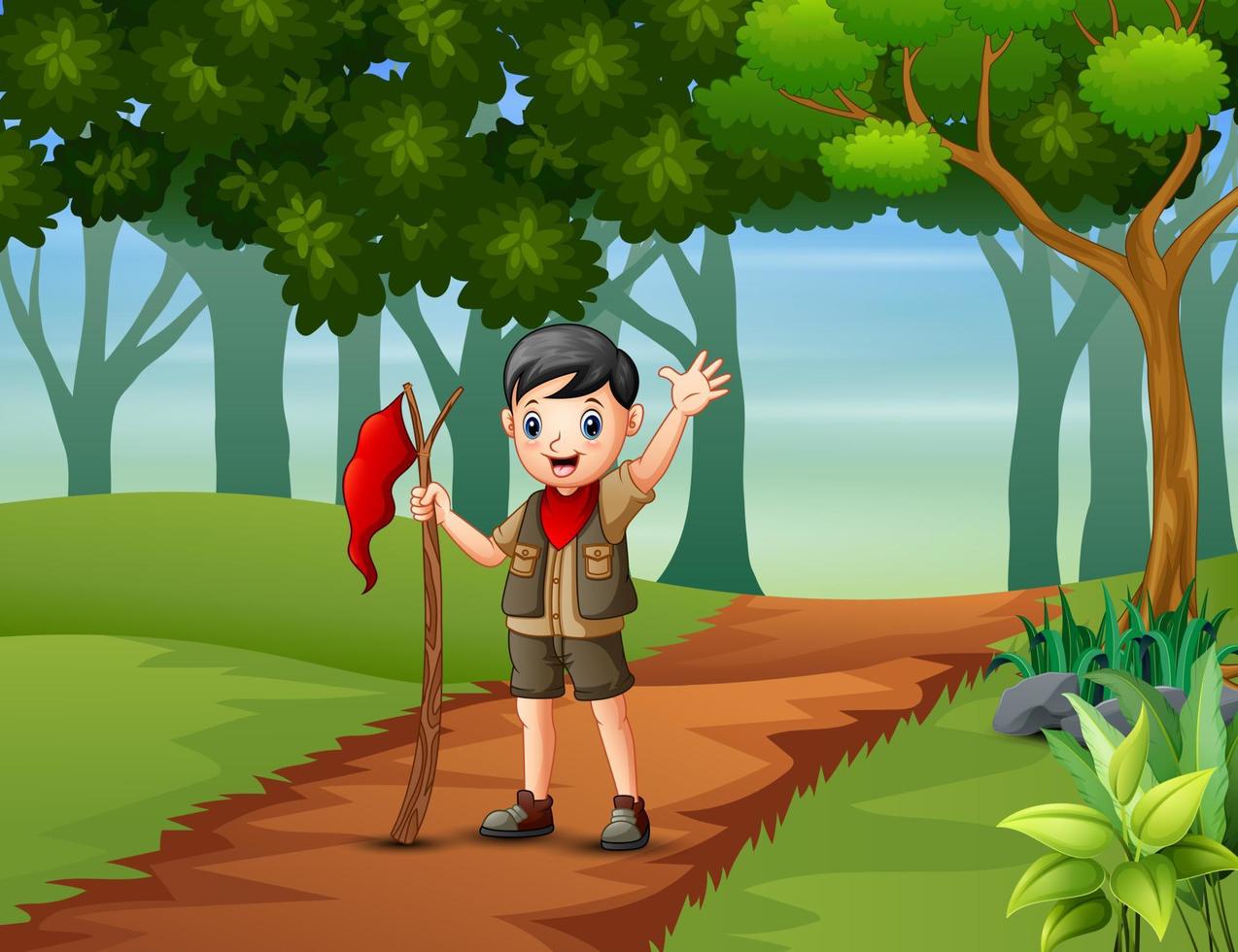 Boy scout hiking in the forest background vector