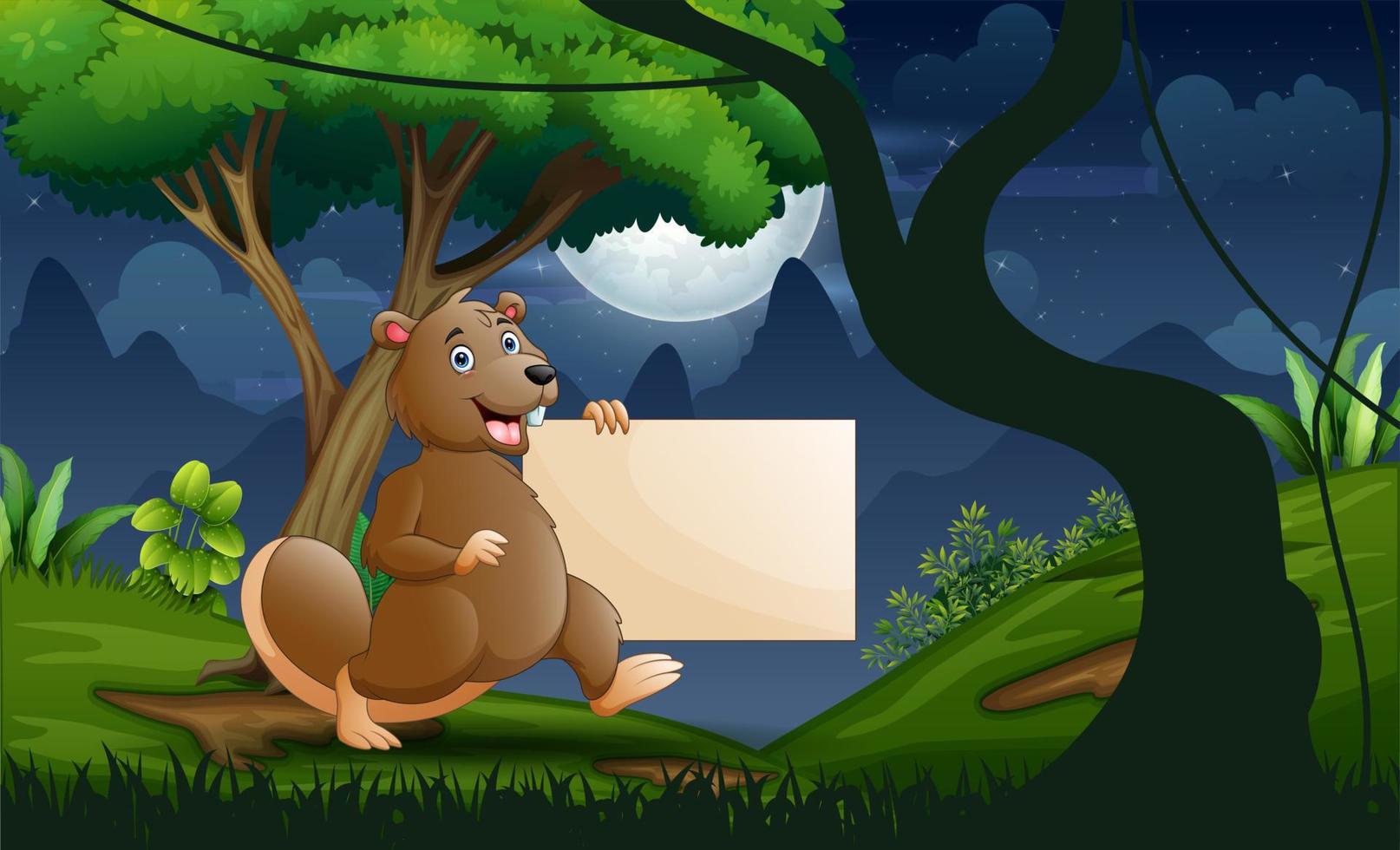 A beaver holding blank sign in the forest vector