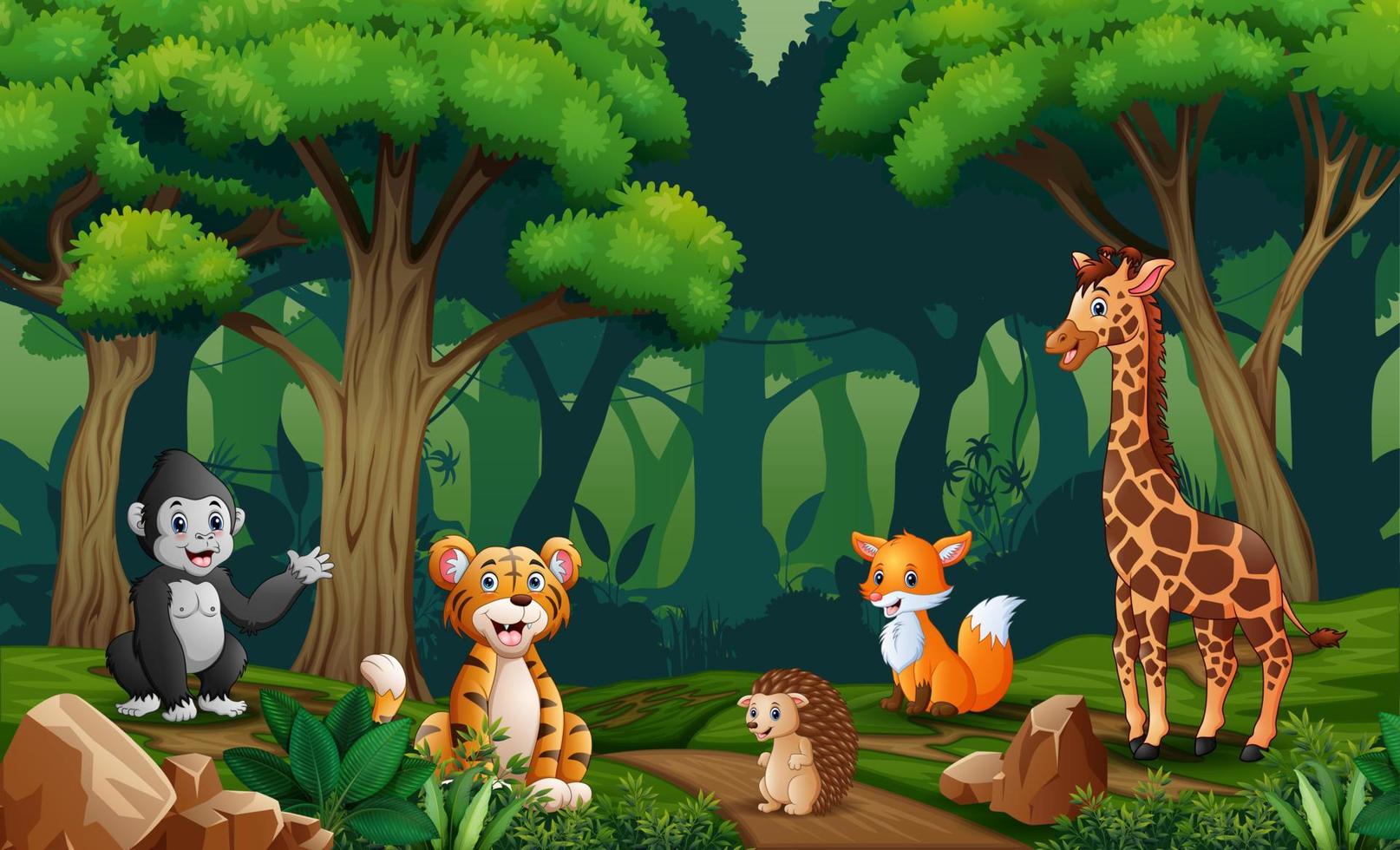 escena con muchos animales en el bosque vector