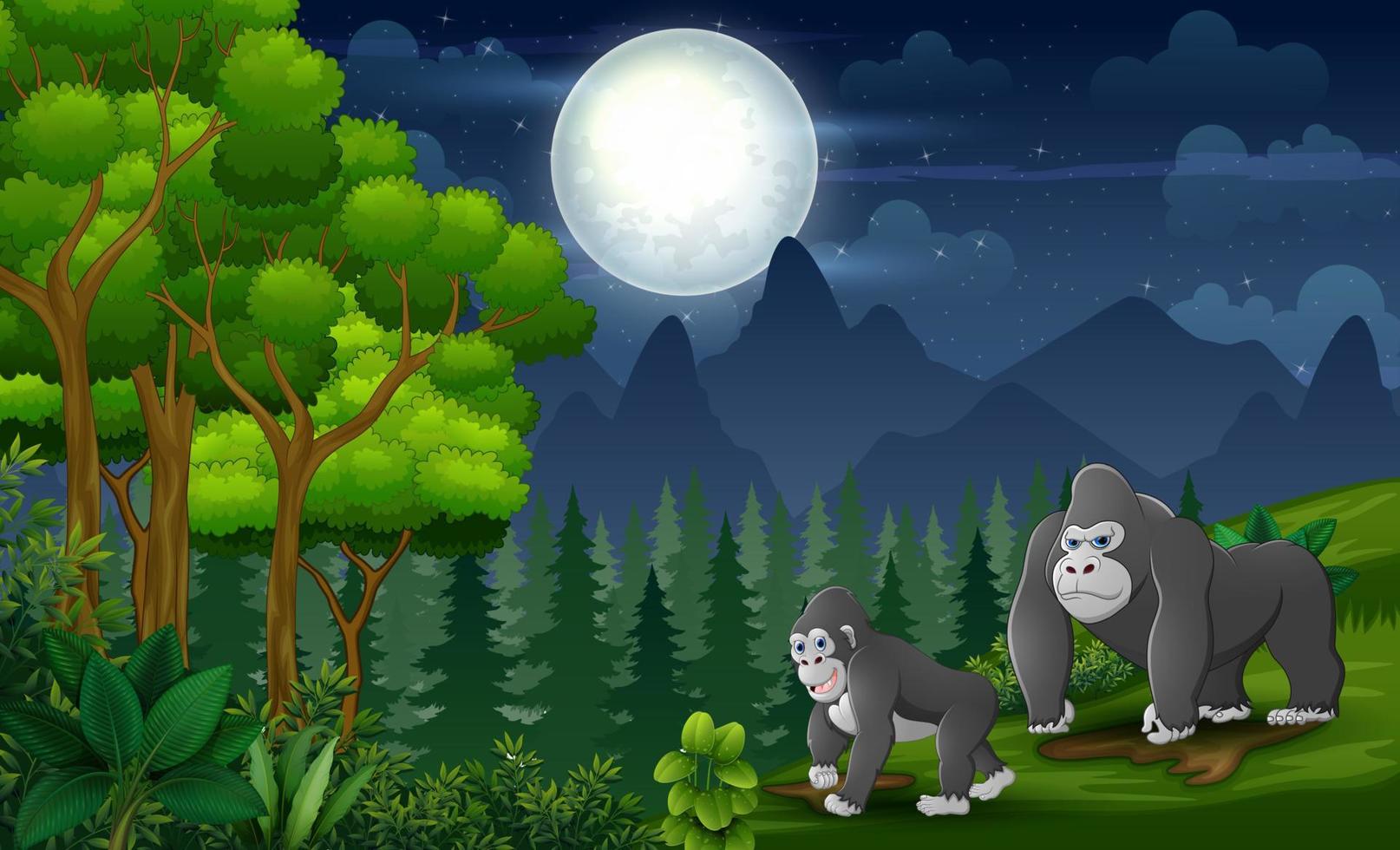 Happy gorilla mother with her baby in the jungle vector