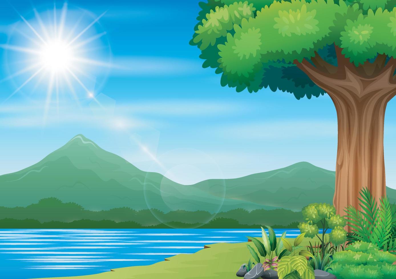 paisaje natural con un fondo de río y montaña vector