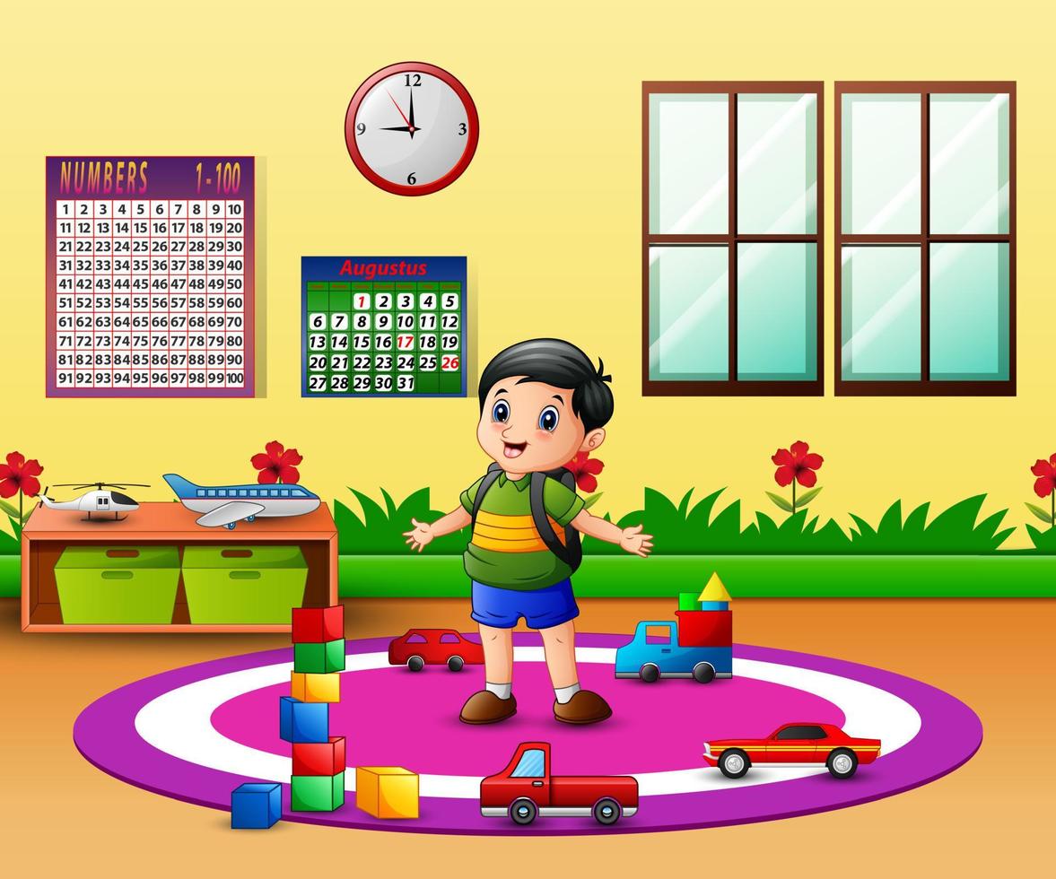 Happy boy in the kindergarten classroom vector