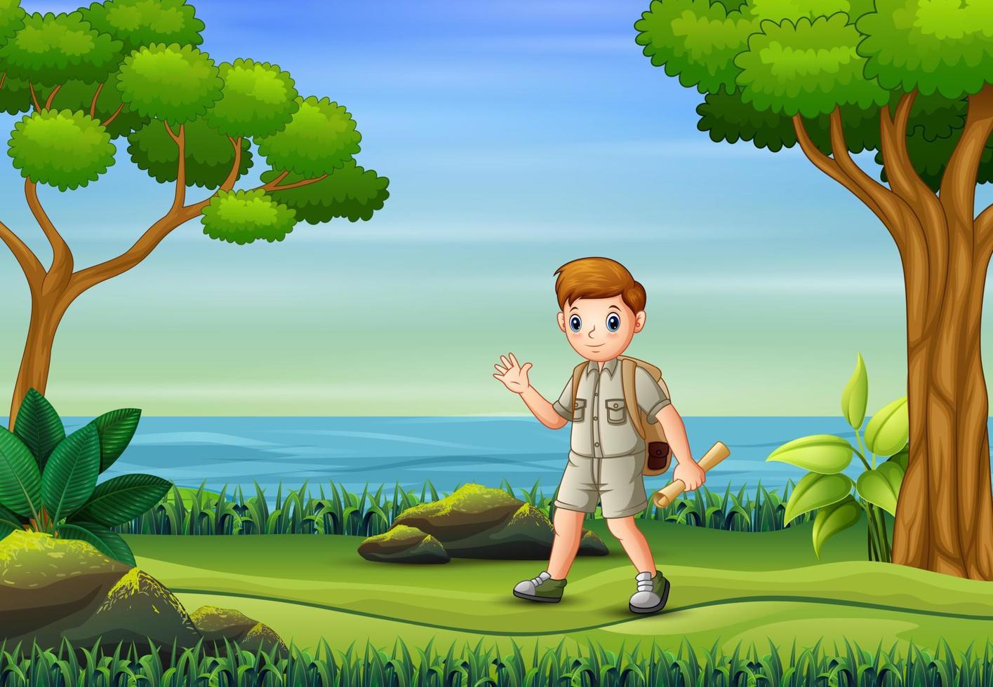 A scout boy hiking on the nature with maps vector