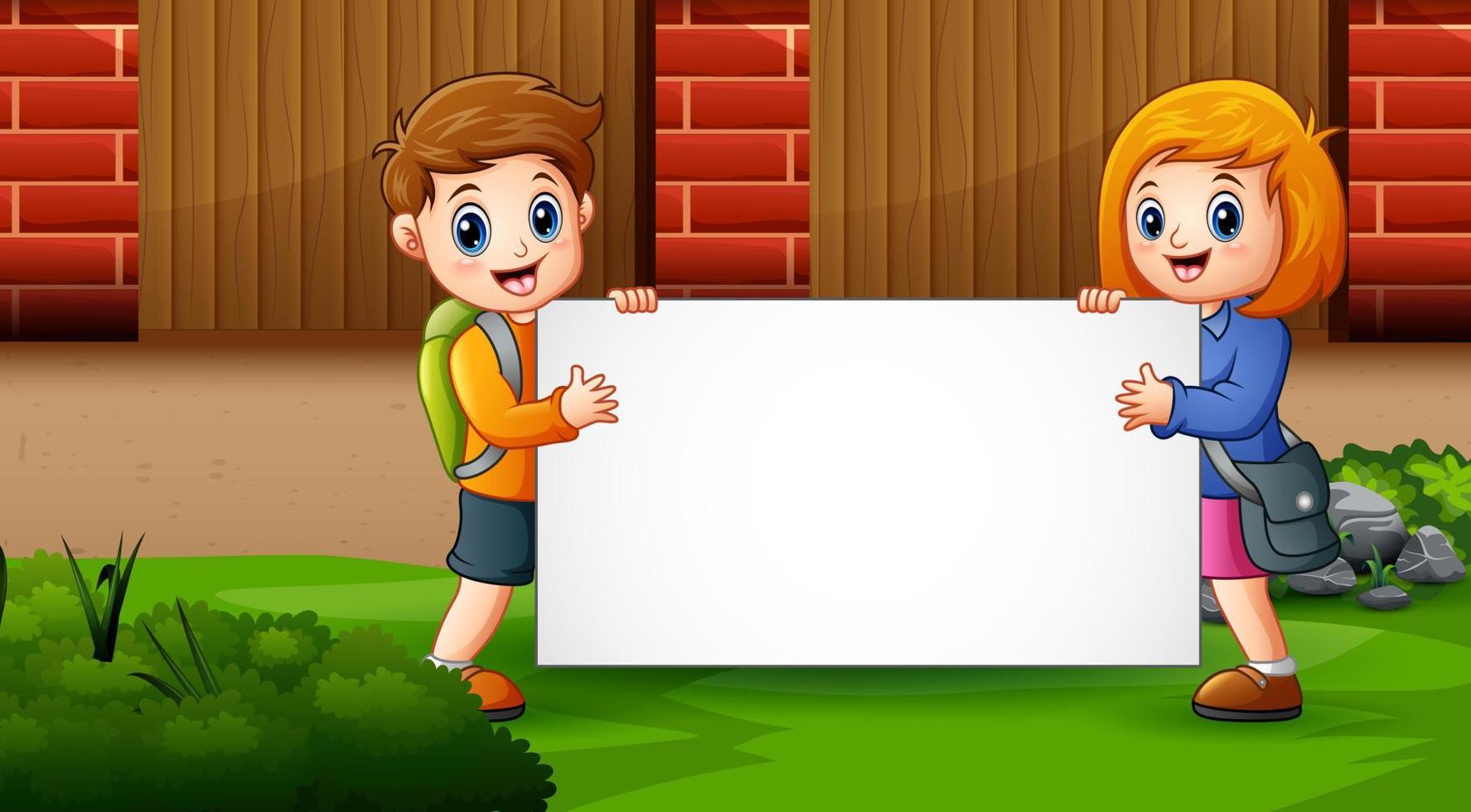 Two children holding blank sign in the schoolyard vector