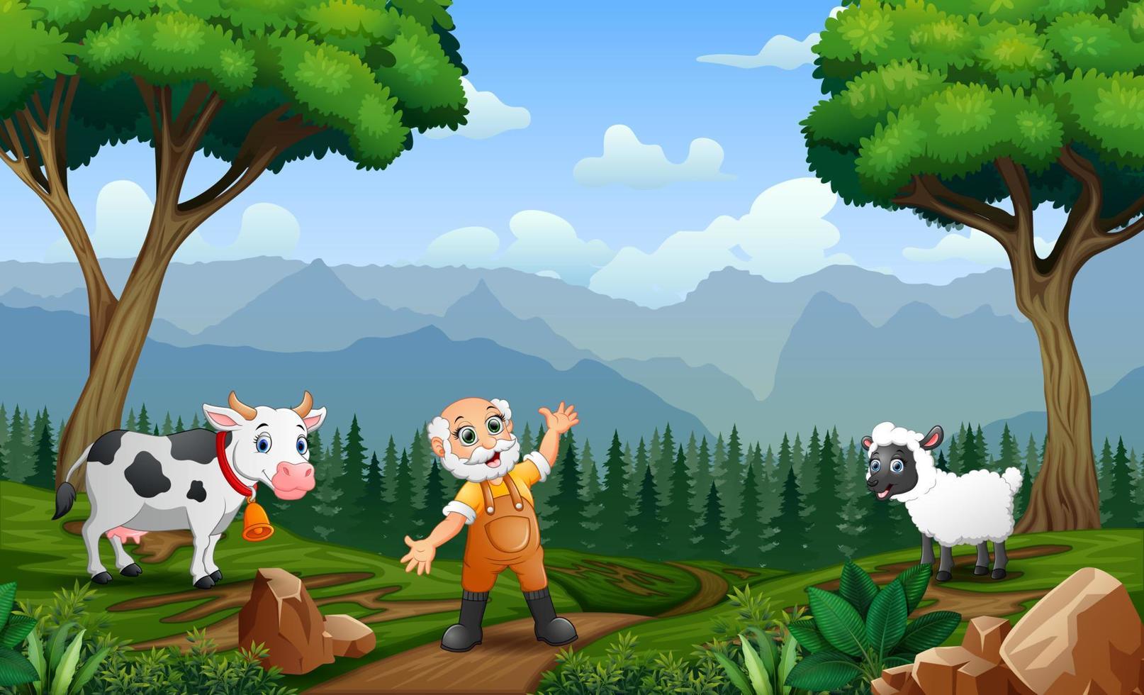 The old farmer herding cattle and sheep in the field vector