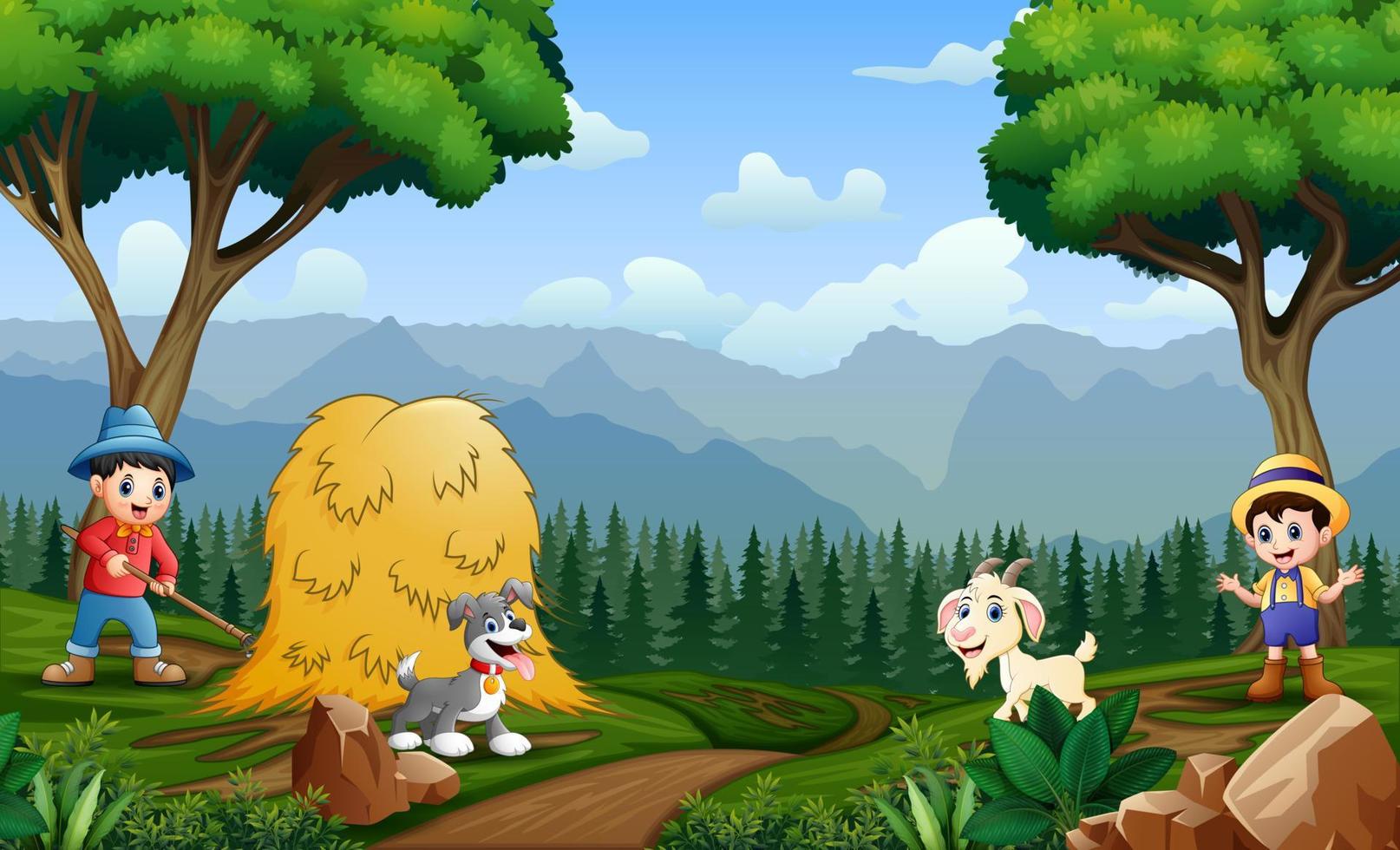 The farmers working in the farmland vector